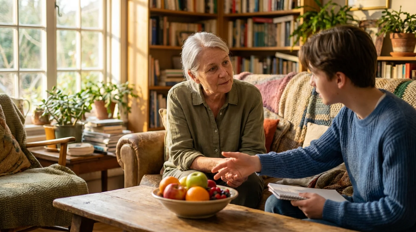 Two people in a comfortable home setting having a supportive conversation about nutrition.