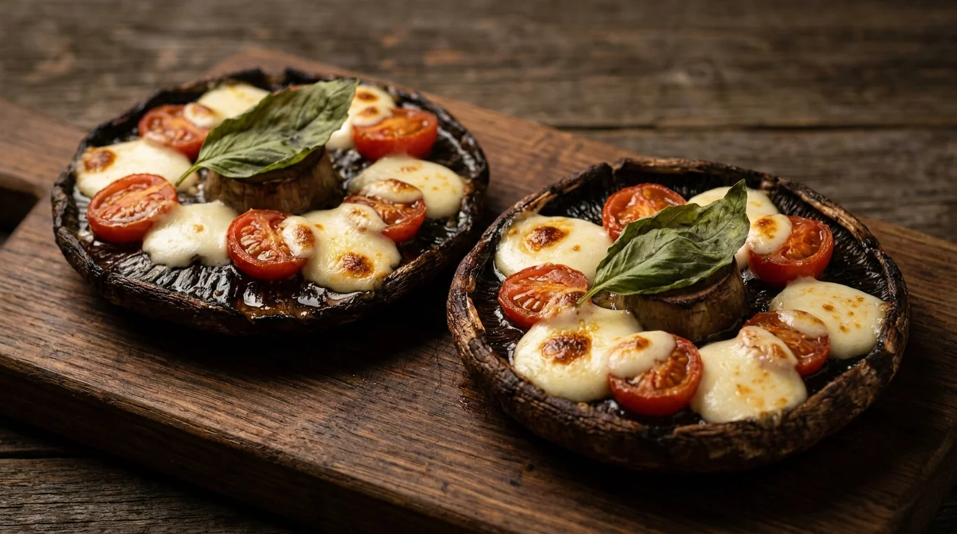 Two roasted Portobello mushrooms topped with melted mozzarella and tomatoes on a dark wooden surface.
