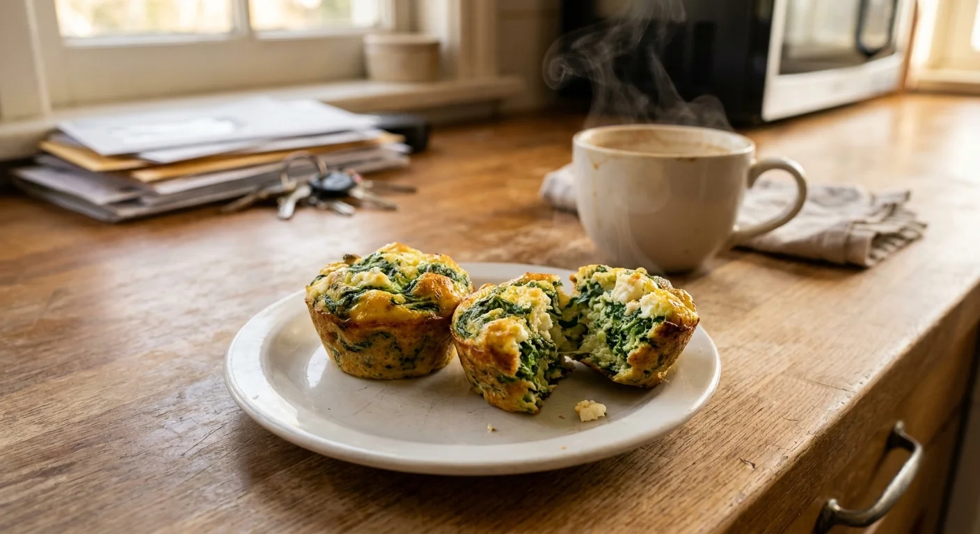 Two savory egg muffins with spinach and feta cheese, one broken open to show the steaming center.