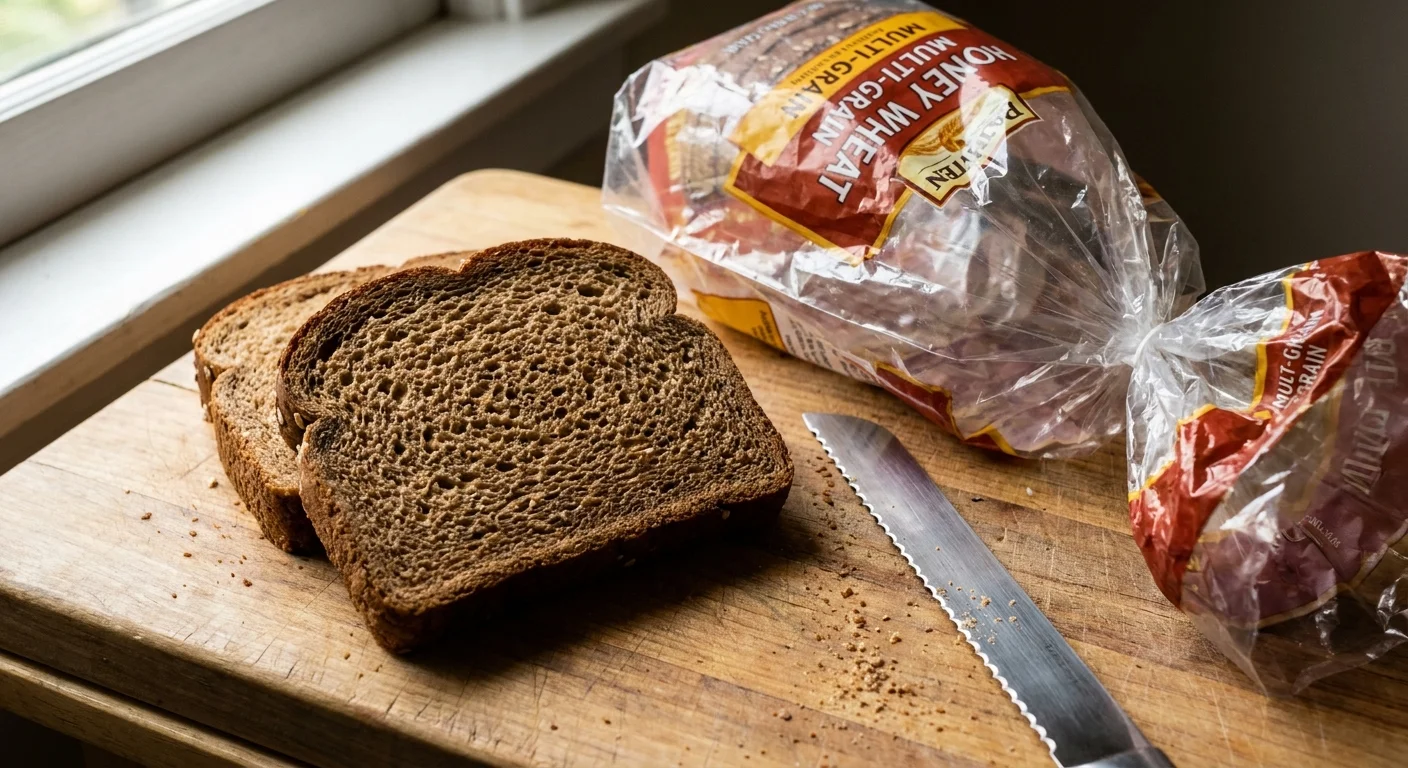 Two slices of soft, dark brown multi-grain bread on a cutting board, looking more refined than whole-grain.