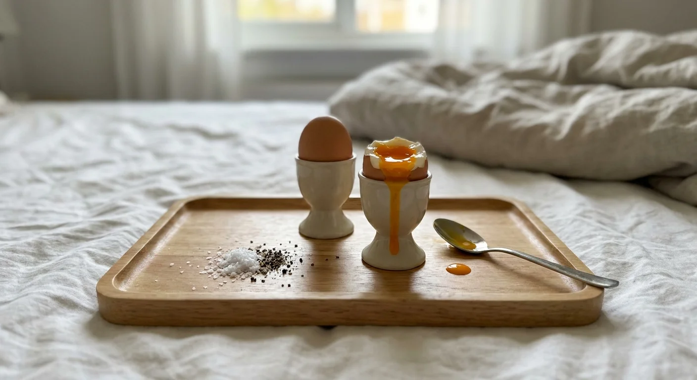 Two soft-boiled eggs in cups on a linen-covered bed, with one egg showing a jammy orange yolk.