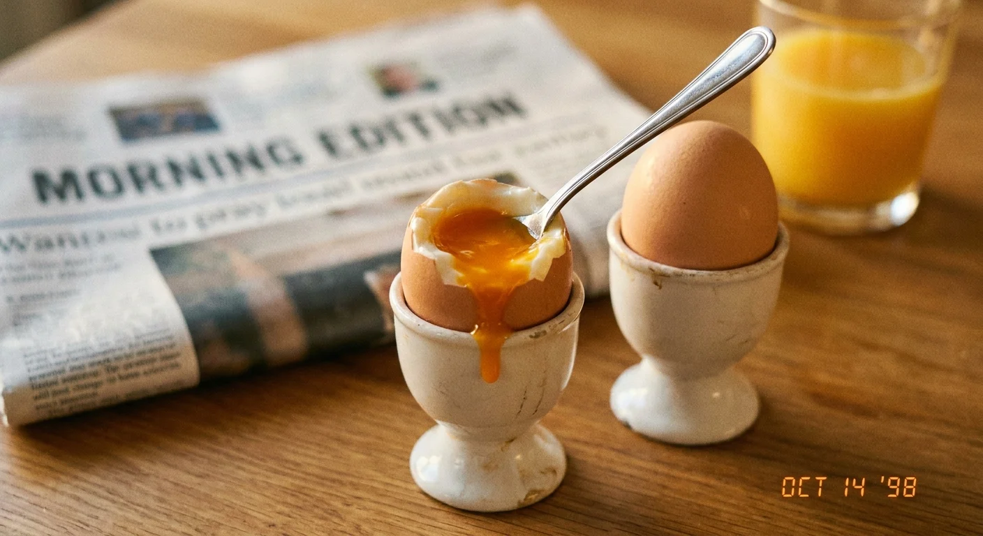 Two soft-boiled eggs in cups, one showing a rich orange yolk, on a breakfast table.