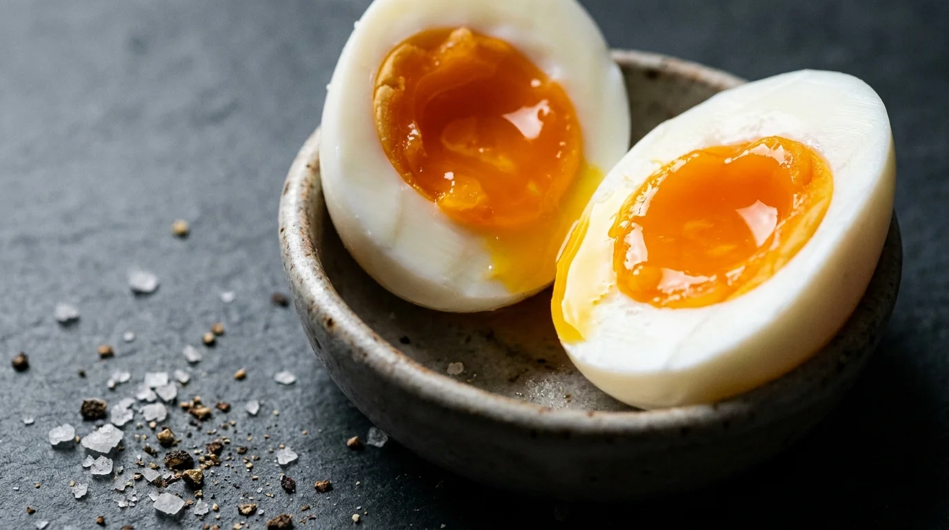 Two soft-boiled eggs with runny orange yolks on a gray stone surface with sea salt.