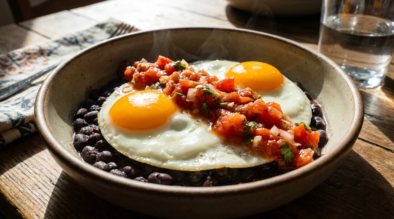 Two sunny-side-up eggs served over black beans and topped with red salsa in a ceramic bowl.