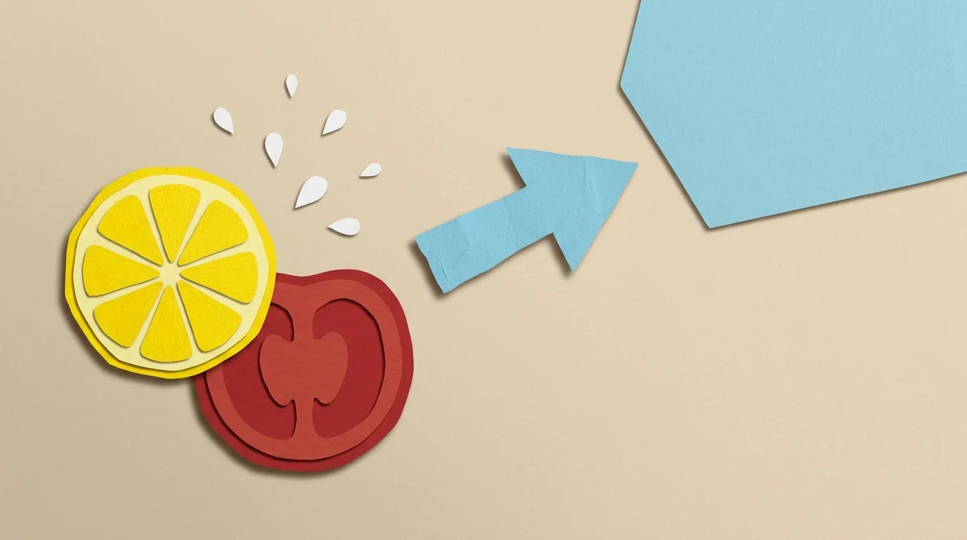 Vibrant paper collage of a lemon and tomato with symbolic acid splashes, illustrating digestive triggers.
