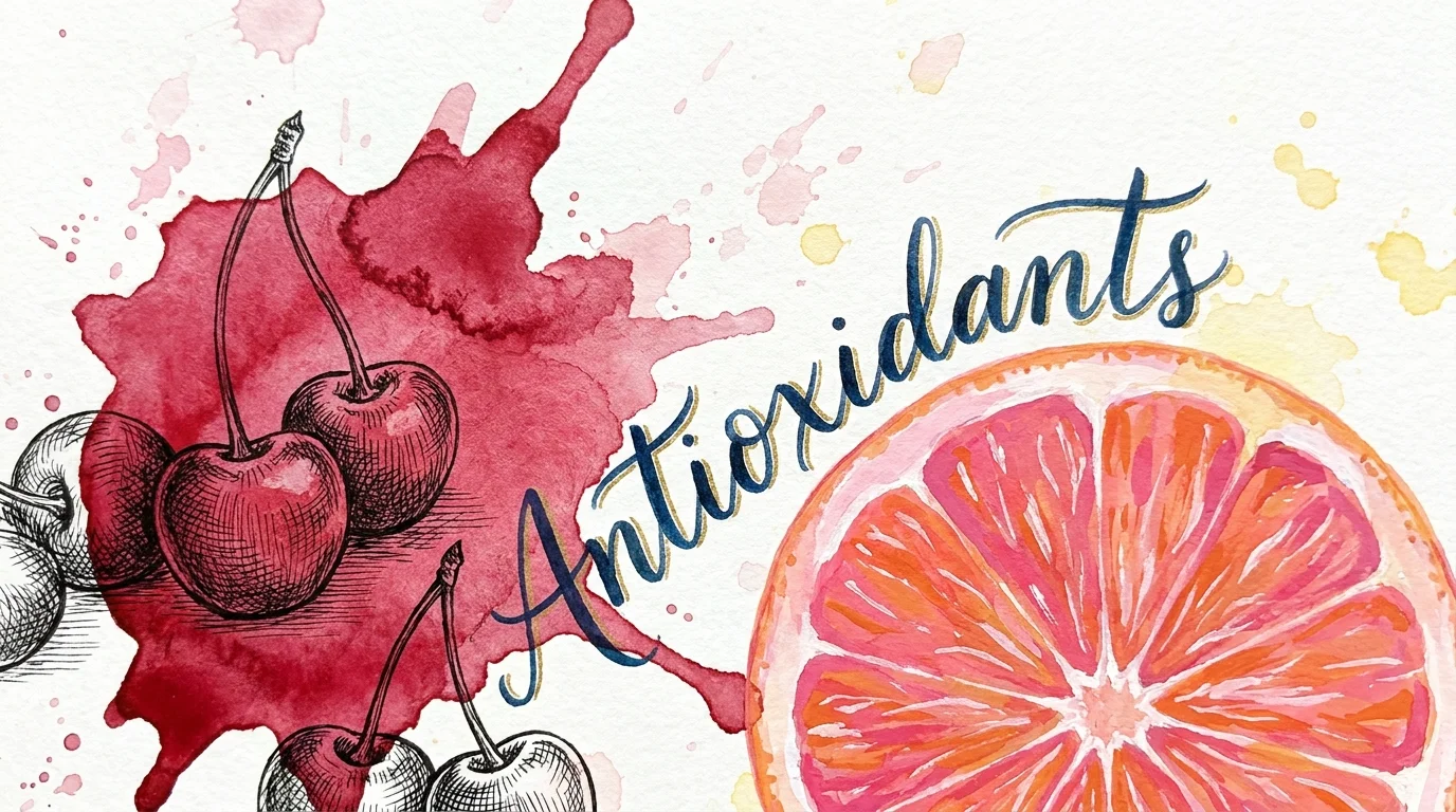 Watercolor and ink illustration of tart cherries and a grapefruit cross-section.