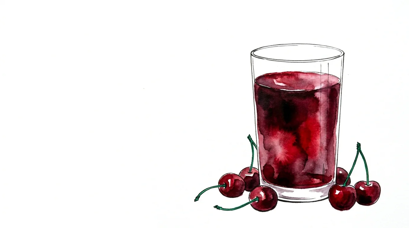 Watercolor illustration of a glass of tart cherry juice and fresh cherries on a white background.