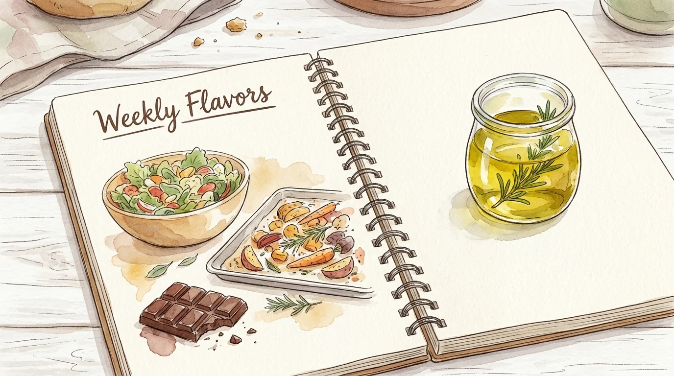 Watercolor illustration of a meal planning notebook with sketches of healthy vegetables and oils.