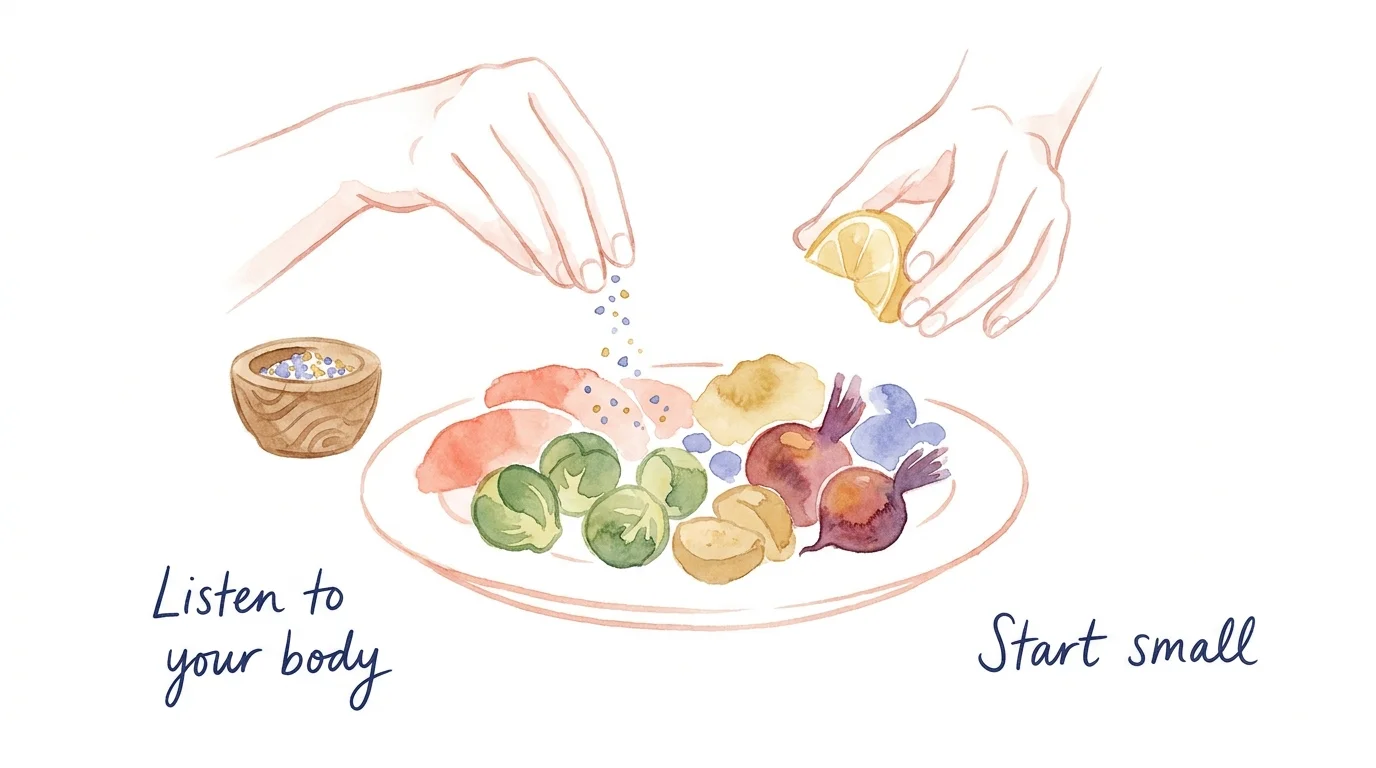 Watercolor illustration of hands adding salt and lemon to a healthy plate of food.