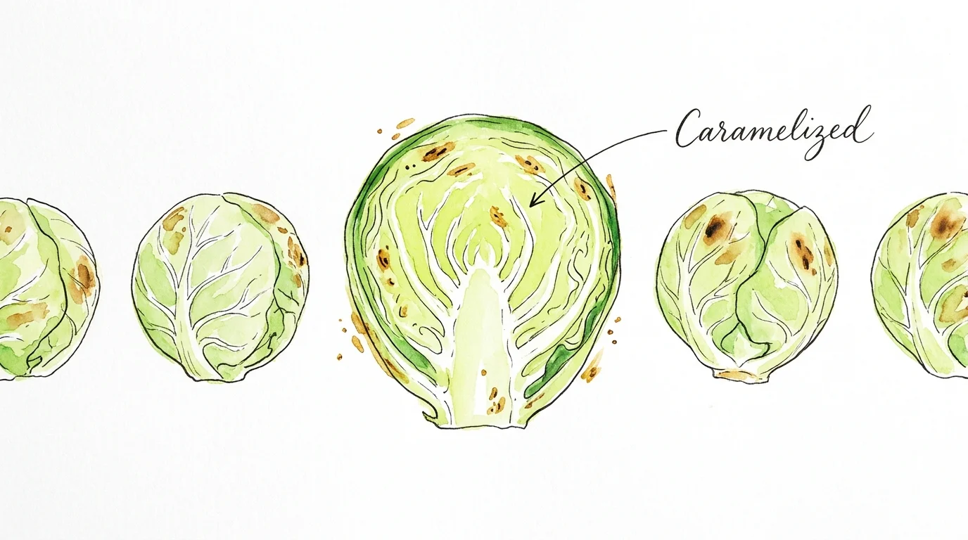 Watercolor illustration of roasted Brussels sprouts, highlighting their internal leaf structure and charred edges.