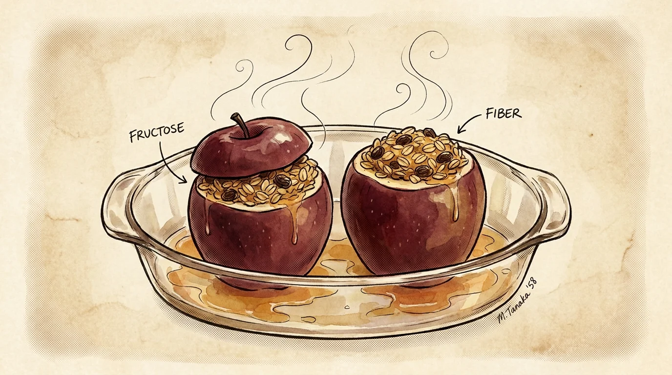 Watercolor illustration of warm baked apples in a glass dish, suggesting a healthy dessert.