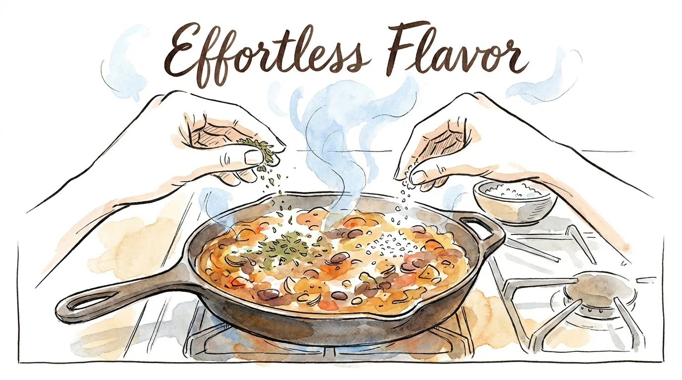 Watercolor painting of hands seasoning a meal in a pan, with the text 'Effortless Flavor'.