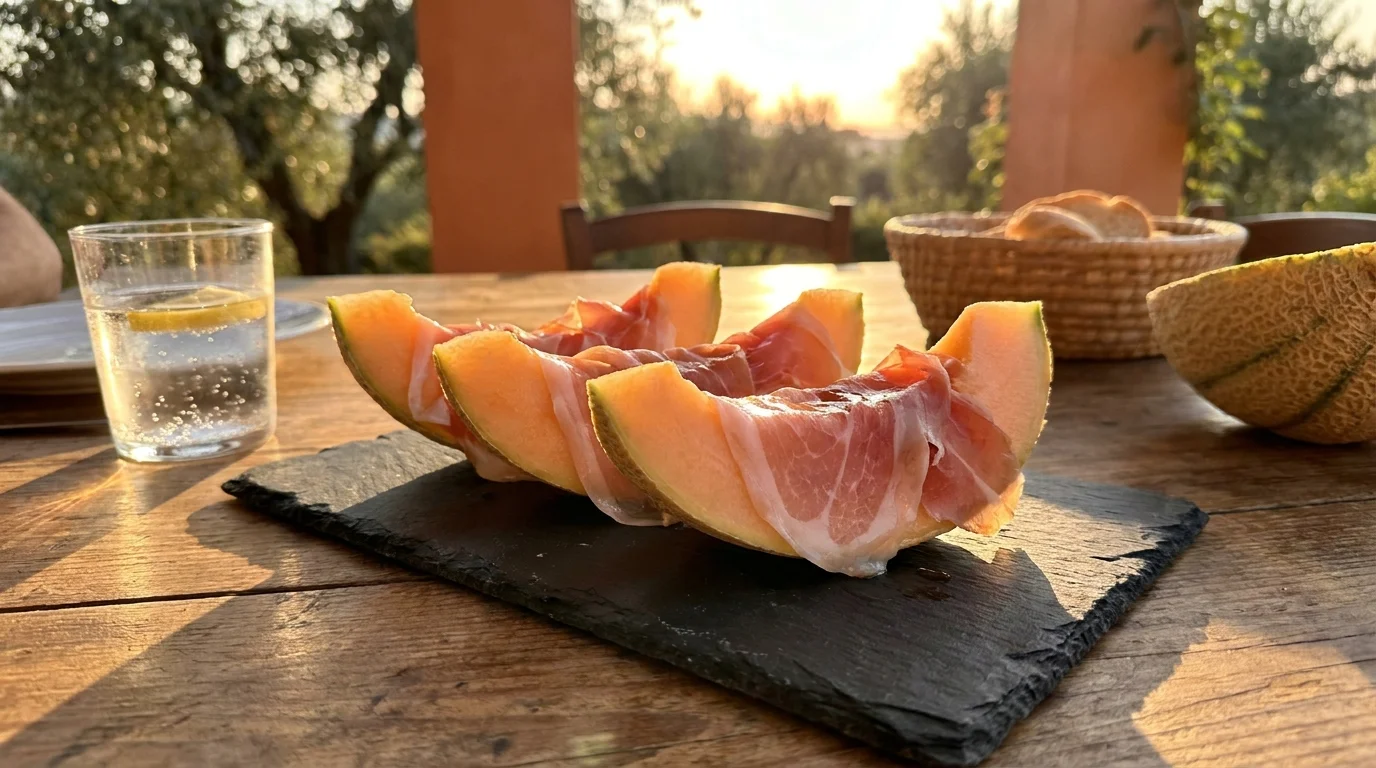 Wedges of cantaloupe wrapped in prosciutto on a slate board, illuminated by golden hour sunlight.