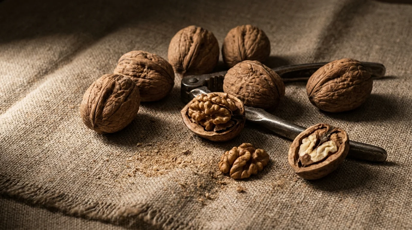 Whole and cracked walnuts on a linen cloth, highlighting their natural texture and healthy fat content.