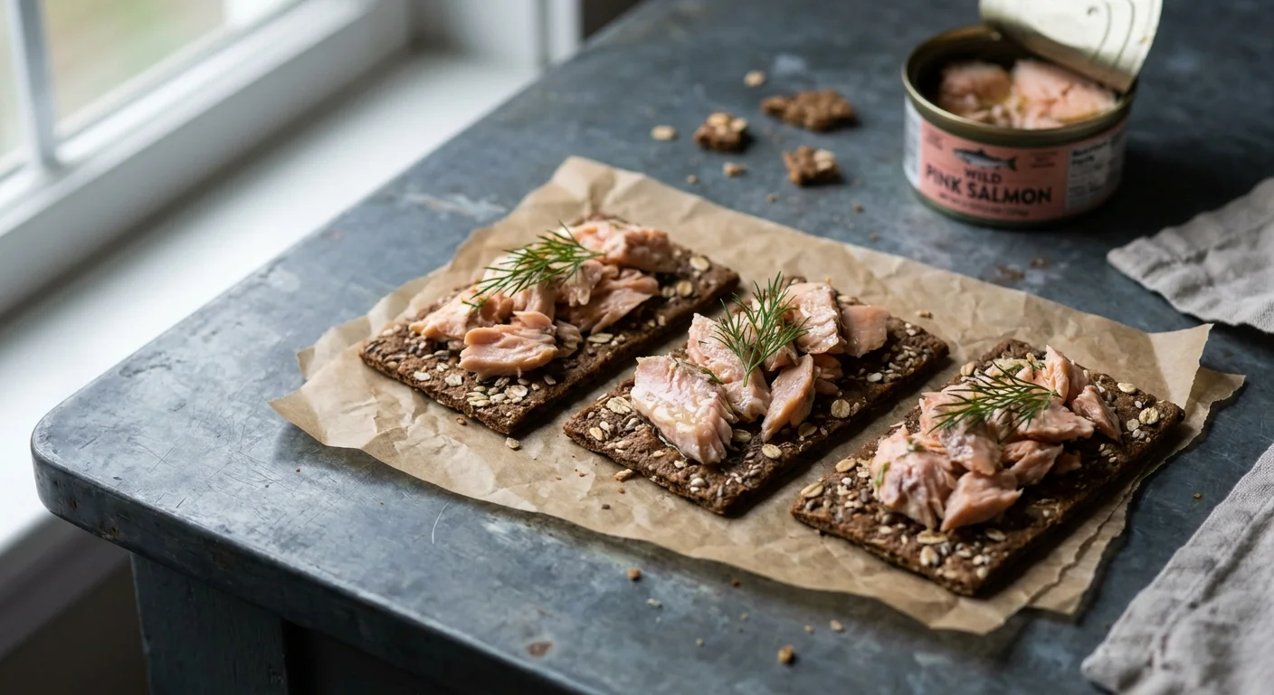 Whole grain crackers topped with flaked pink salmon and fresh dill, arranged on parchment paper.