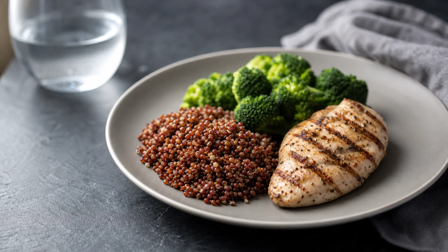 A beautifully plated meal of grilled chicken, red quinoa, and steamed broccoli on a dark slate table.