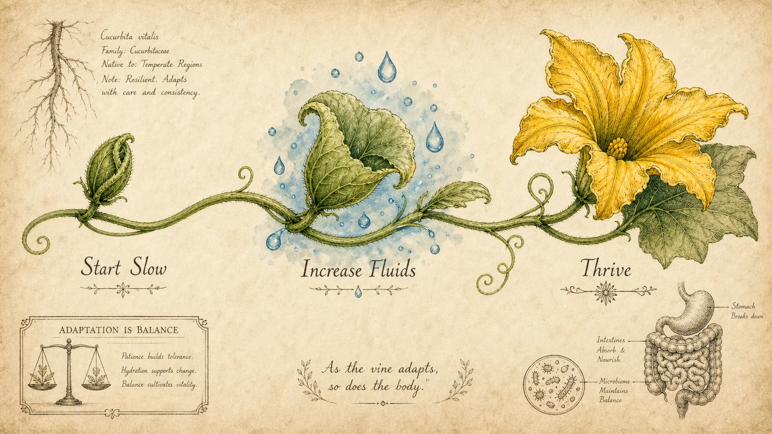 A botanical watercolor illustration of a vine growing from a tight bud labeled 'Start Slow' to a full flower labeled 'Thrive'.