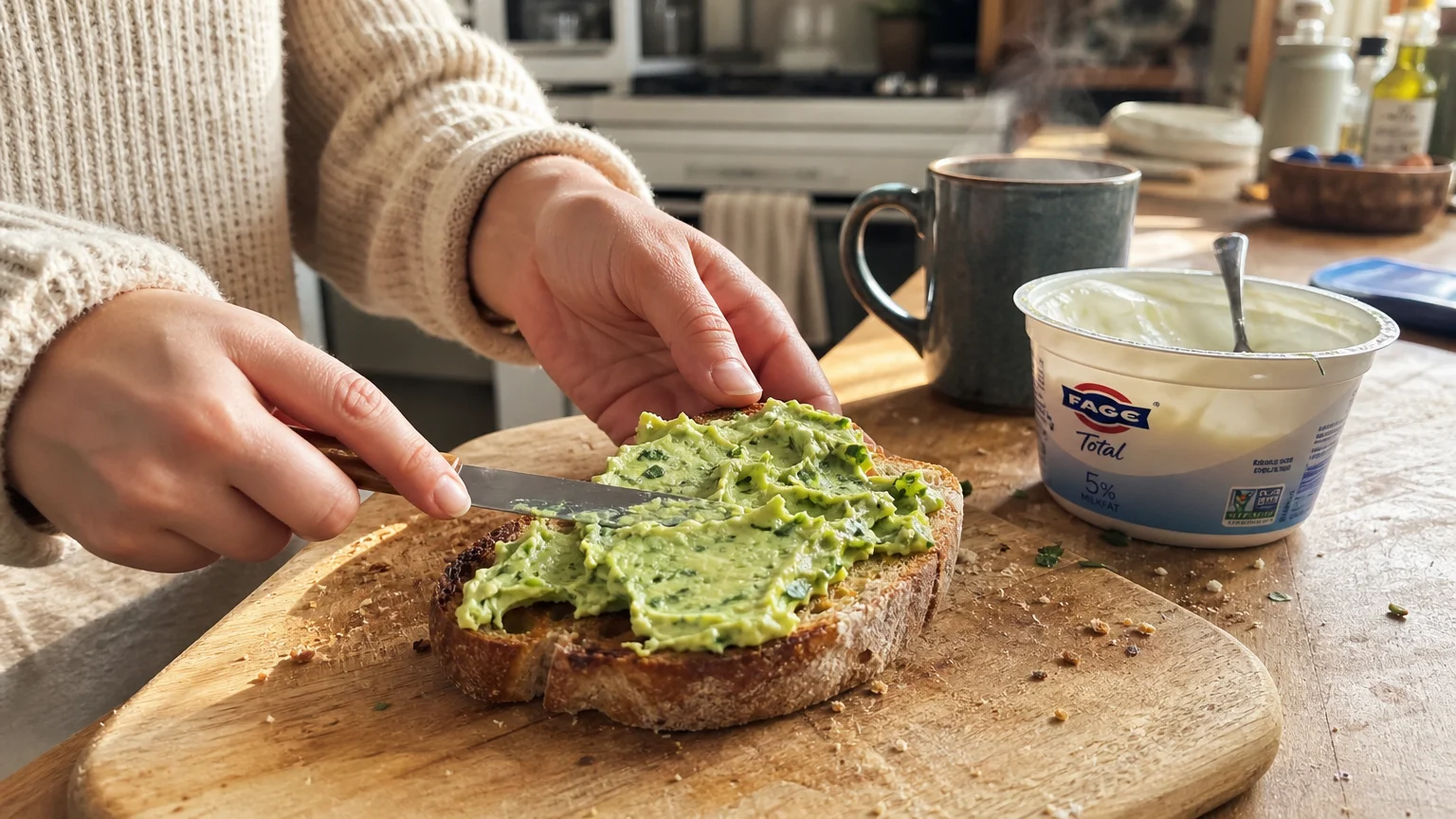 A candid, close-up photo of hands spreading creamy yogurt guacamole onto a slice of toasted sourdough bread on a wooden cutting board.