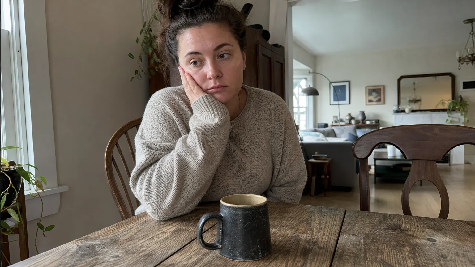 A candid photo of a tired woman in a cozy sweater resting her head on her hand at a rustic kitchen table, bathed in soft morning light.