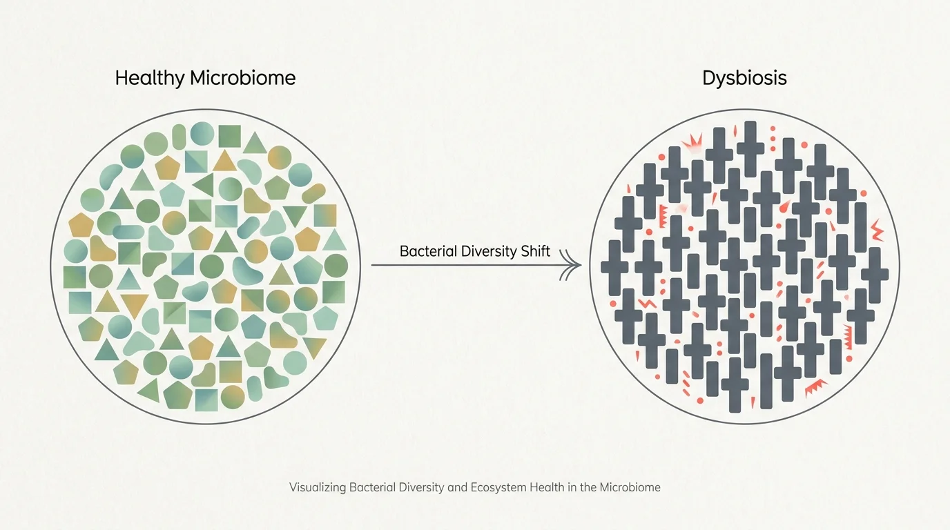 A clean diagram comparing a diverse, healthy microbiome with a low-diversity, imbalanced microbiome labeled dysbiosis.
