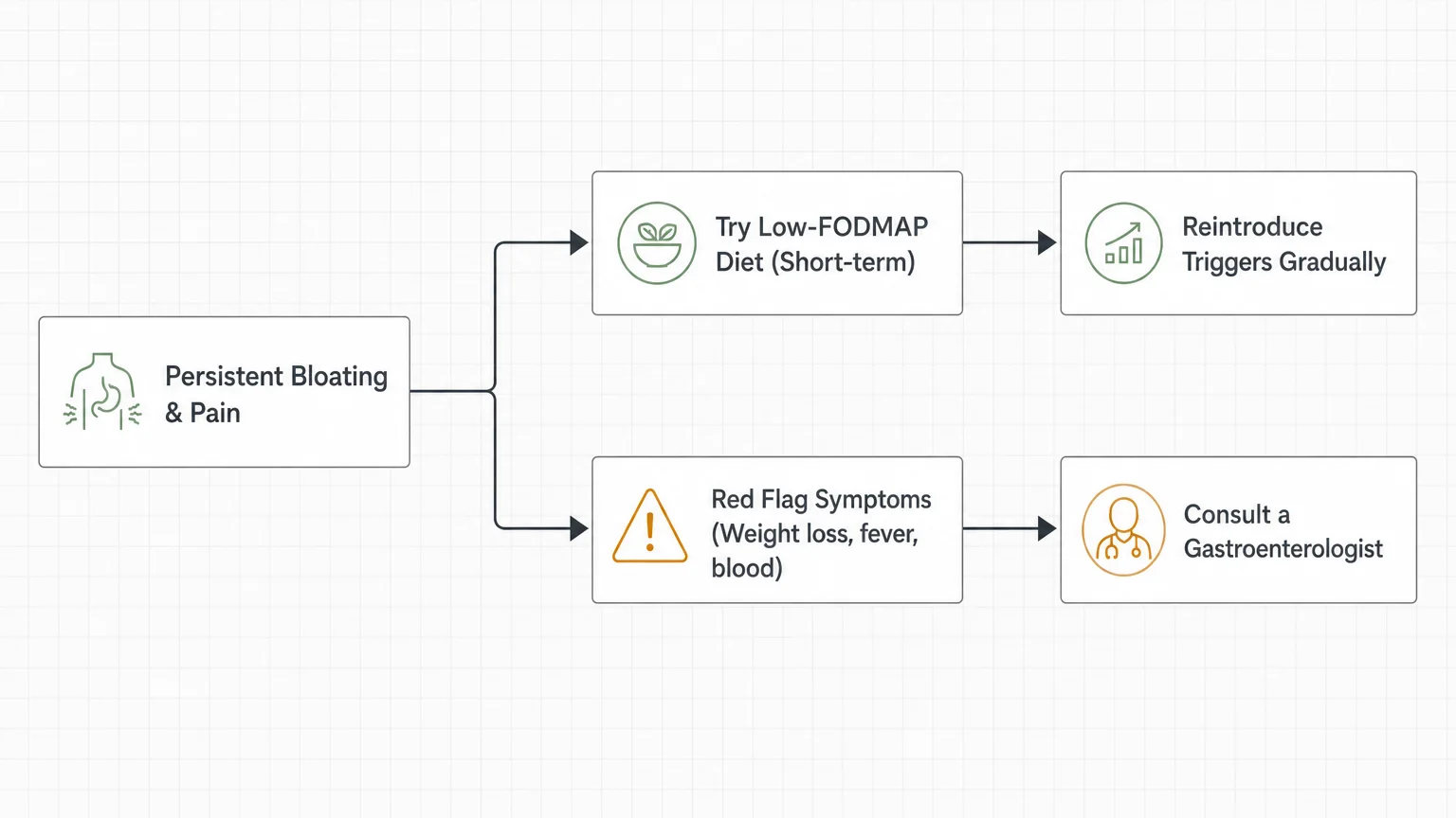 A clean, horizontal flowchart detailing when to try dietary changes versus when to seek professional medical advice for bloating.