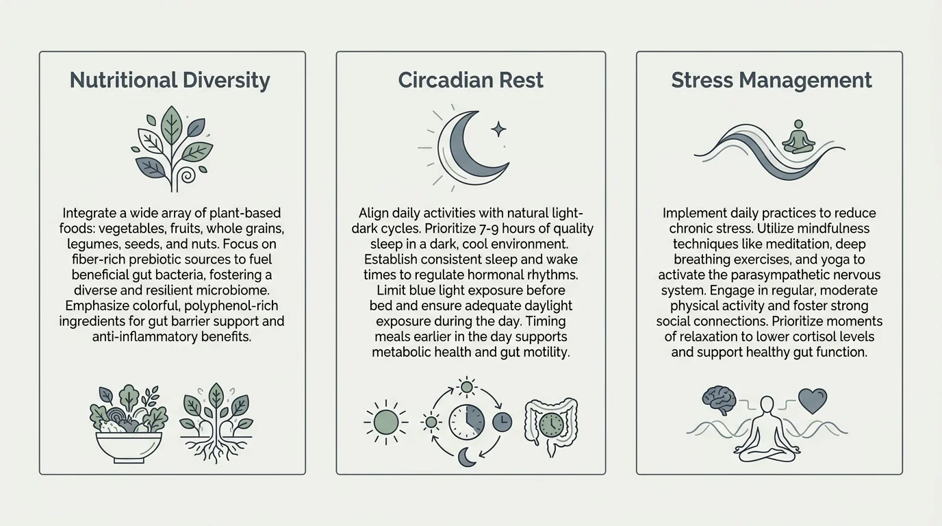 A clean horizontal infographic showcasing three lifestyle pillars for gut health: Nutritional Diversity, Circadian Rest, and Stress Manageme