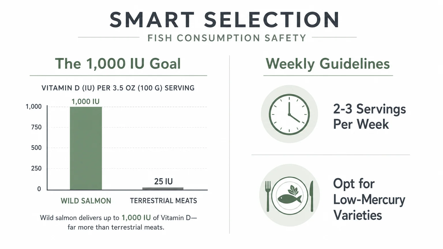 A clean infographic showing Vitamin D goals and weekly consumption guidelines for fish safety.