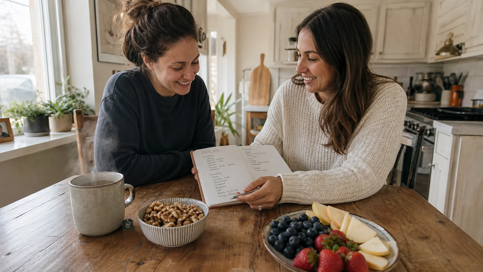 A clinical dietitian in a cozy sweater talks warmly with a client over a handwritten notebook at a rustic wooden kitchen table.
