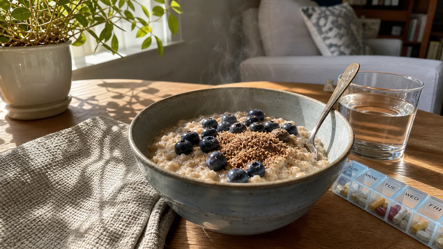 A close-up of a healthy breakfast bowl with oatmeal, flaxseeds, and blueberries in a sunlit kitchen.