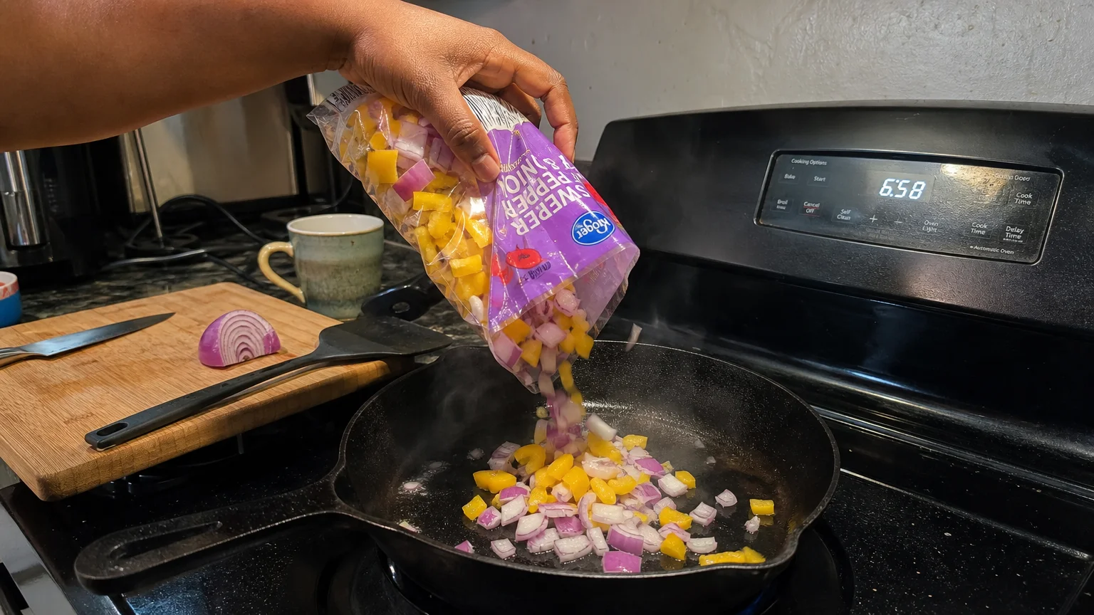 A close-up photograph of a hand pouring pre-chopped onions and peppers from a plastic bag into a hot cast-iron skillet.