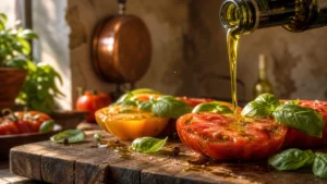 A close-up photograph of golden-green extra virgin olive oil being poured over fresh heirloom tomatoes and basil on a wooden board.