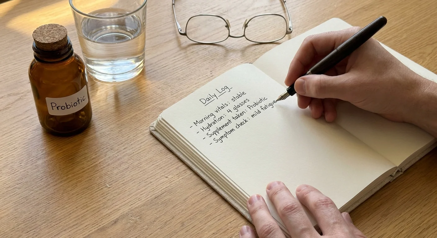 A close-up photograph of hands writing in a health journal next to a glass of water, showing preparation for a clinical consult.