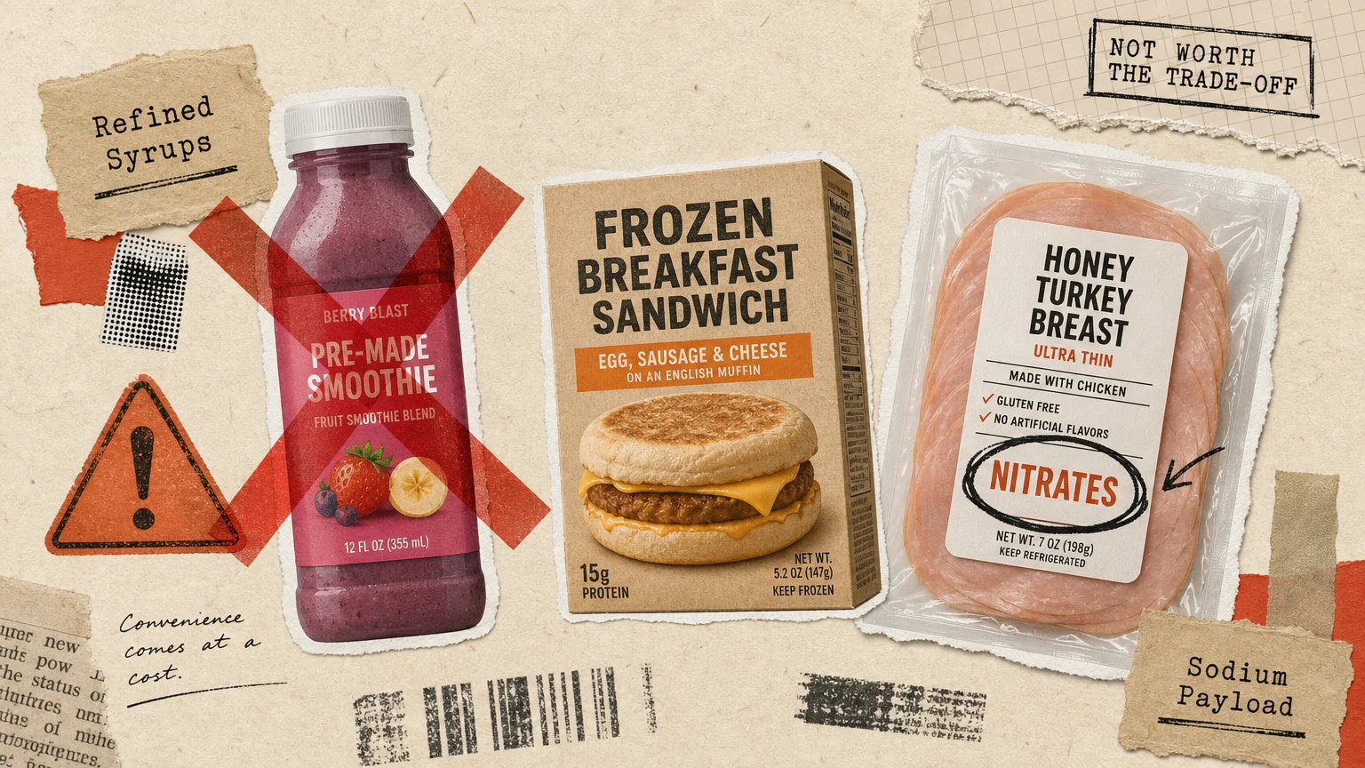 A collage of cut-out images of a smoothie, a frozen sandwich, and deli meats with red marks and warning labels.