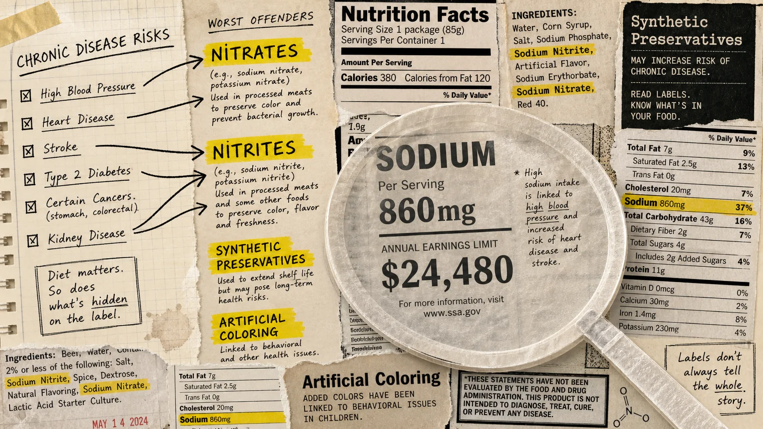 A collage of food labels with a magnifying glass highlighting ingredients like nitrites and synthetic preservatives.