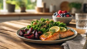 A colorful, healthy meal featuring grilled salmon, walnuts, and greens on a sunlit wooden table.