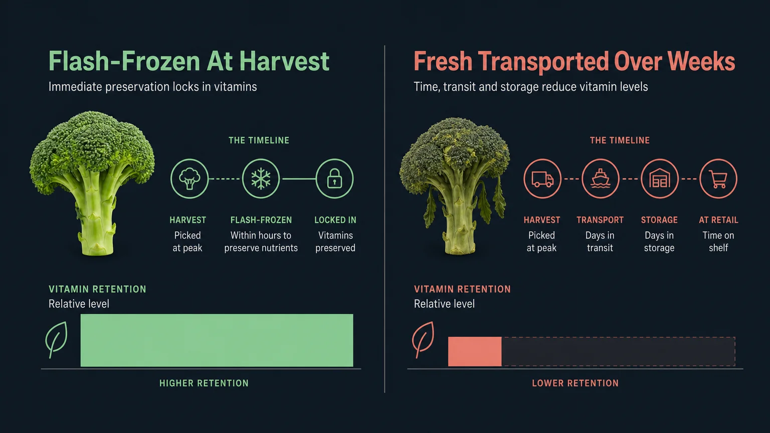 A comparative bar chart showing high nutrient retention in flash-frozen broccoli versus lower retention in fresh transported broccoli.