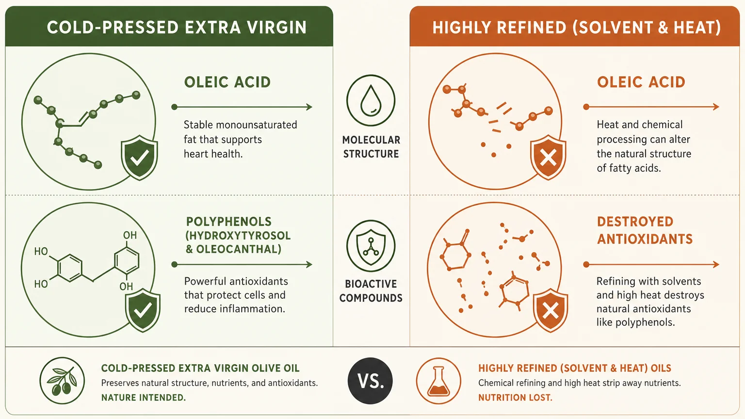 A comparative diagram showing cold-pressed extra virgin olive oil preserving polyphenols versus highly refined oils with degraded compounds.