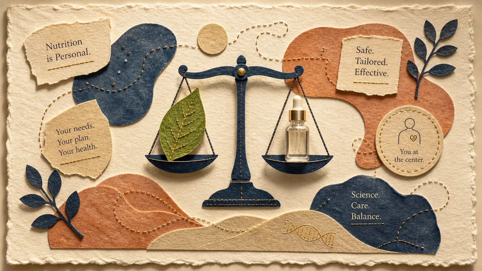 A cut-paper collage of a delicate scale balancing a green leaf and a dropper bottle, symbolizing safe, personalized nutrition.