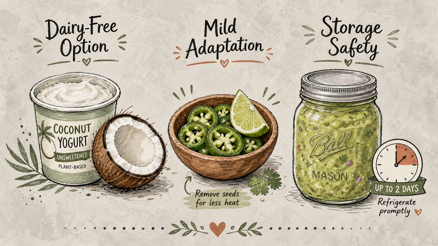 A flat-lay illustration showing dairy-free yogurt swaps, deseeded jalapeños, and an airtight glass jar for safe storage.