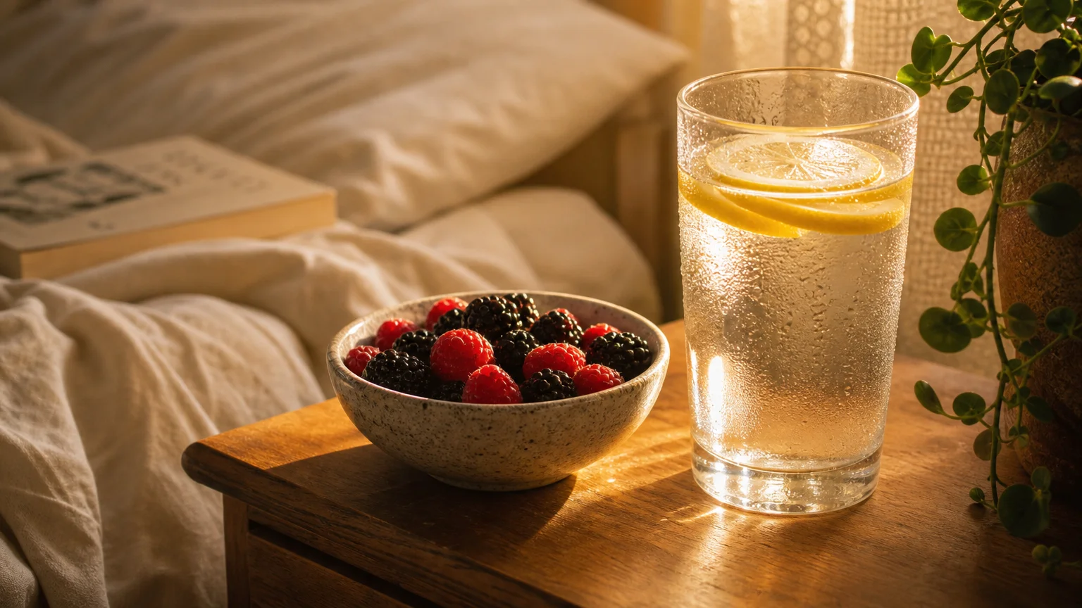 A glass of lemon water and a bowl of fresh berries on a wooden table in warm afternoon light.