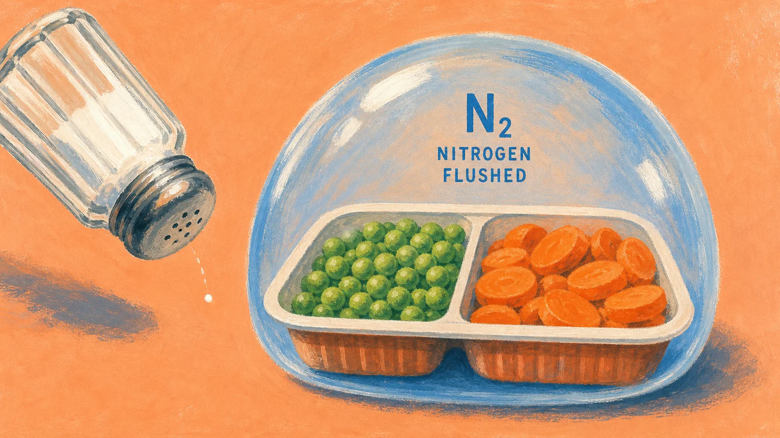 A gouache illustration of fresh vegetables in a protective bubble next to a salt shaker releasing only a single grain of salt.