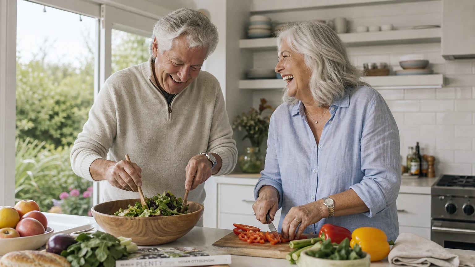 A happy retired couple laughing together while preparing a healthy salad in their bright kitchen.