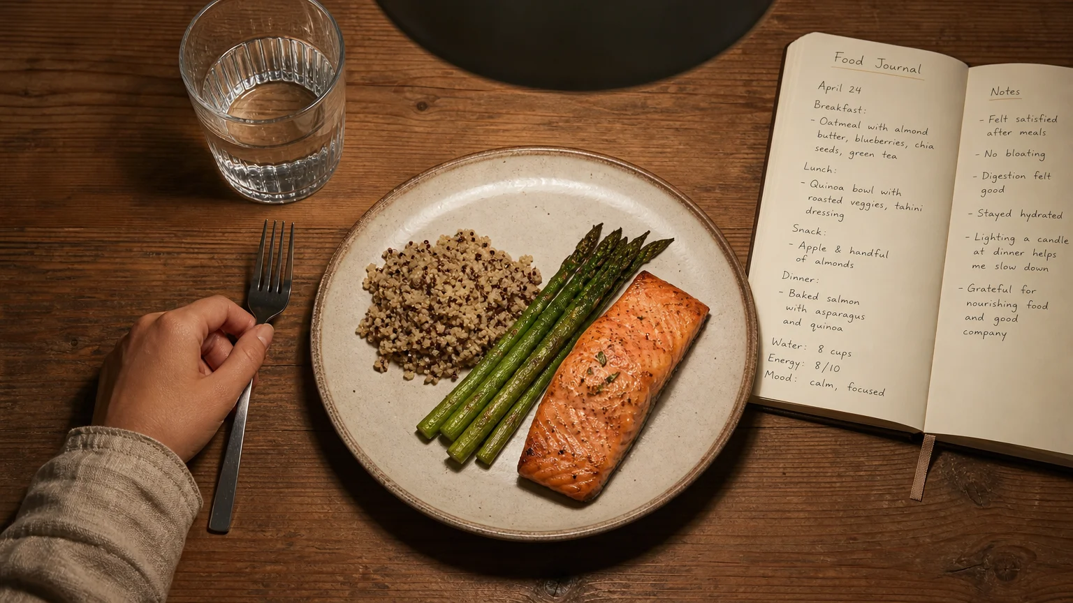 A high-angle photo of a healthy plate of food next to a food journal on a wooden table, emphasizing slow, mindful eating habits.