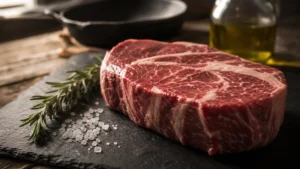 A high-quality, raw grass-fed ribeye steak with rosemary and sea salt on a slate board, shot in soft natural light.