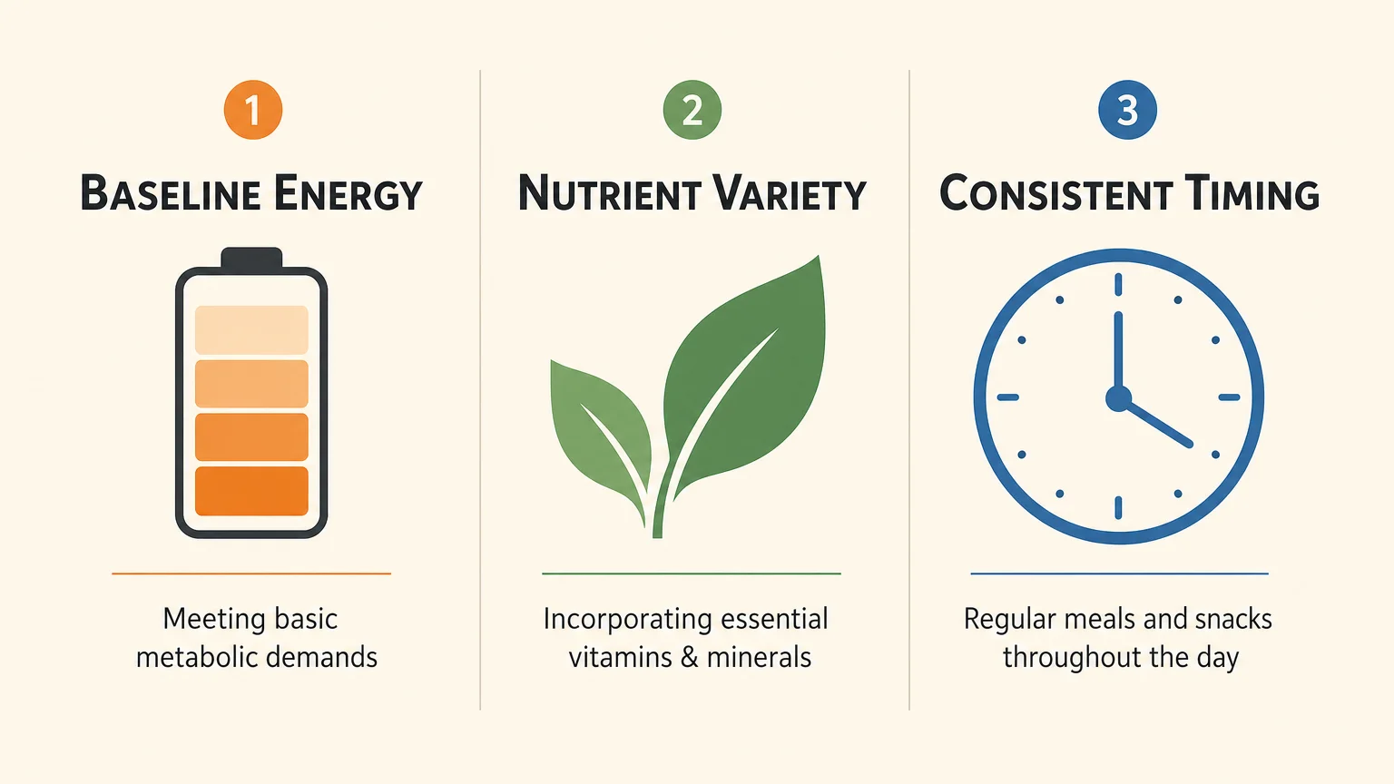 A horizontal three-column infographic outlining the strategy pillars of baseline energy, nutrient variety, and consistent timing.