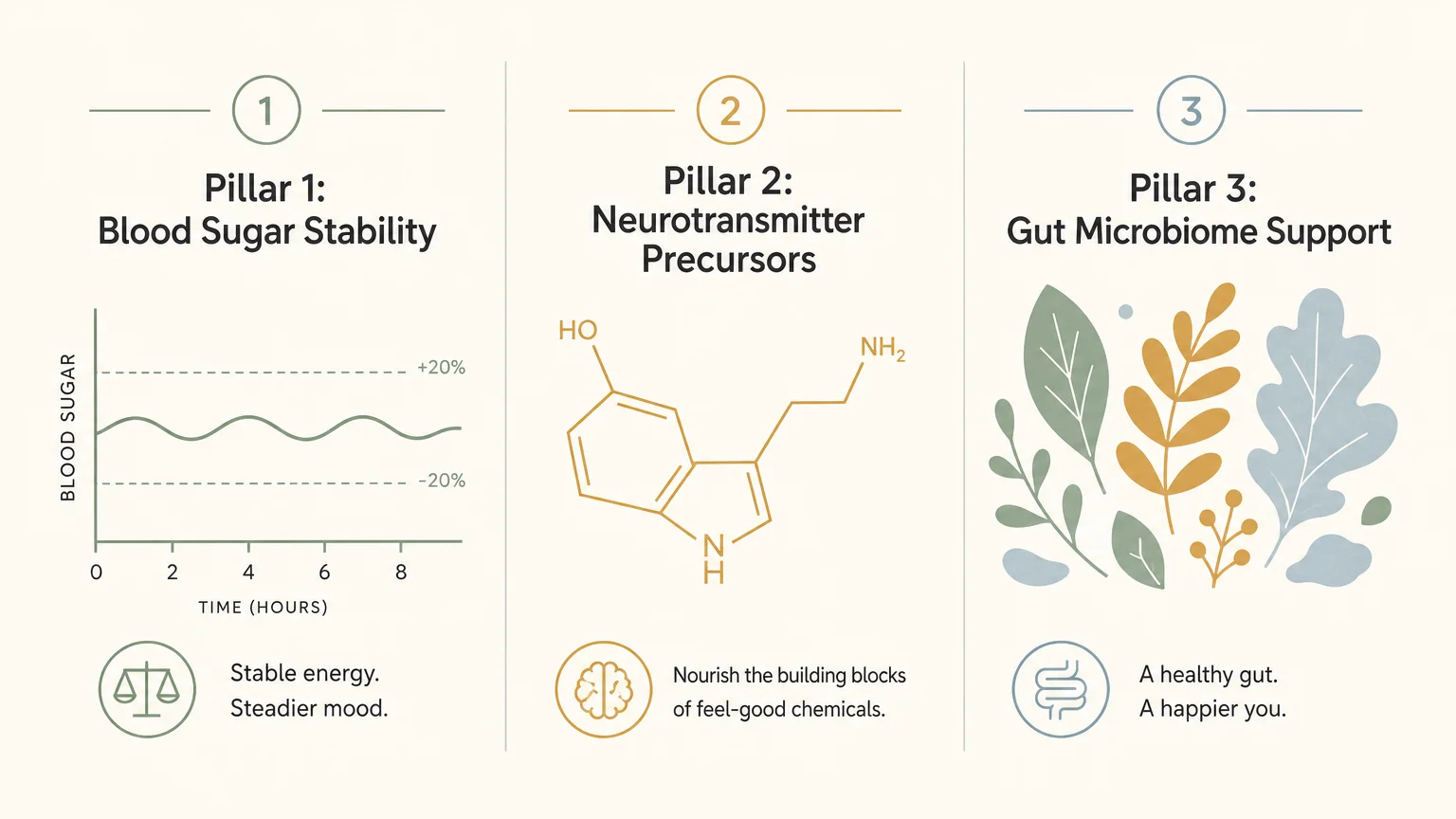 A horizontal, three-column infographic outlining three nutritional pillars with clean minimalist icons, graphs, and clear typography.