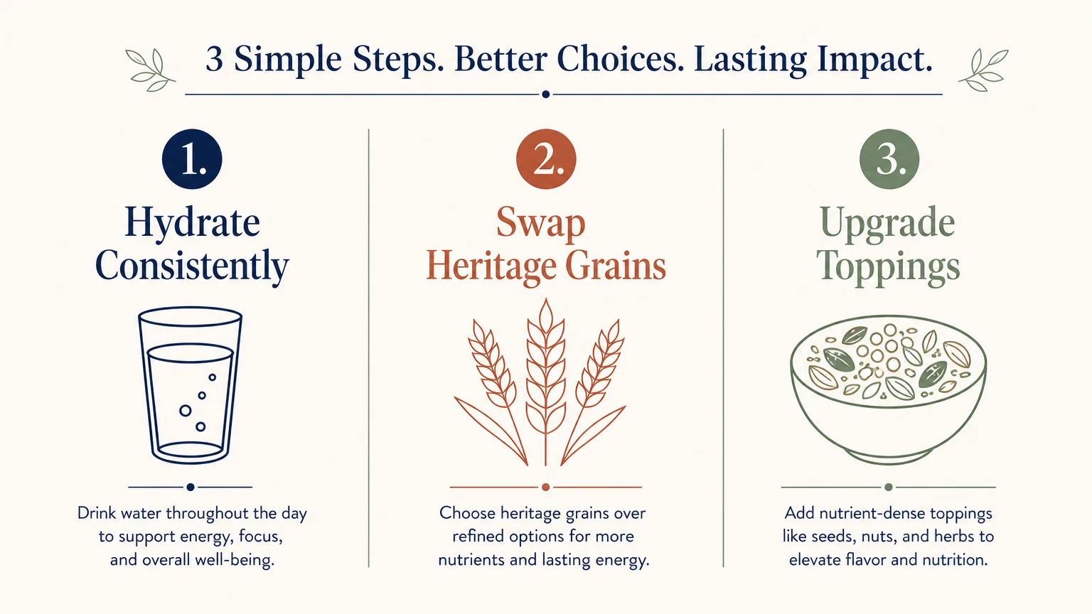 A horizontal three-step infographic outlining high-fiber eating strategies: Hydrate Consistently, Swap Heritage Grains, and Upgrade Toppings