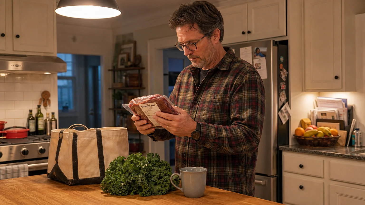 A man in a home kitchen carefully examining the label on a package of meat, captured in a candid, documentary style.