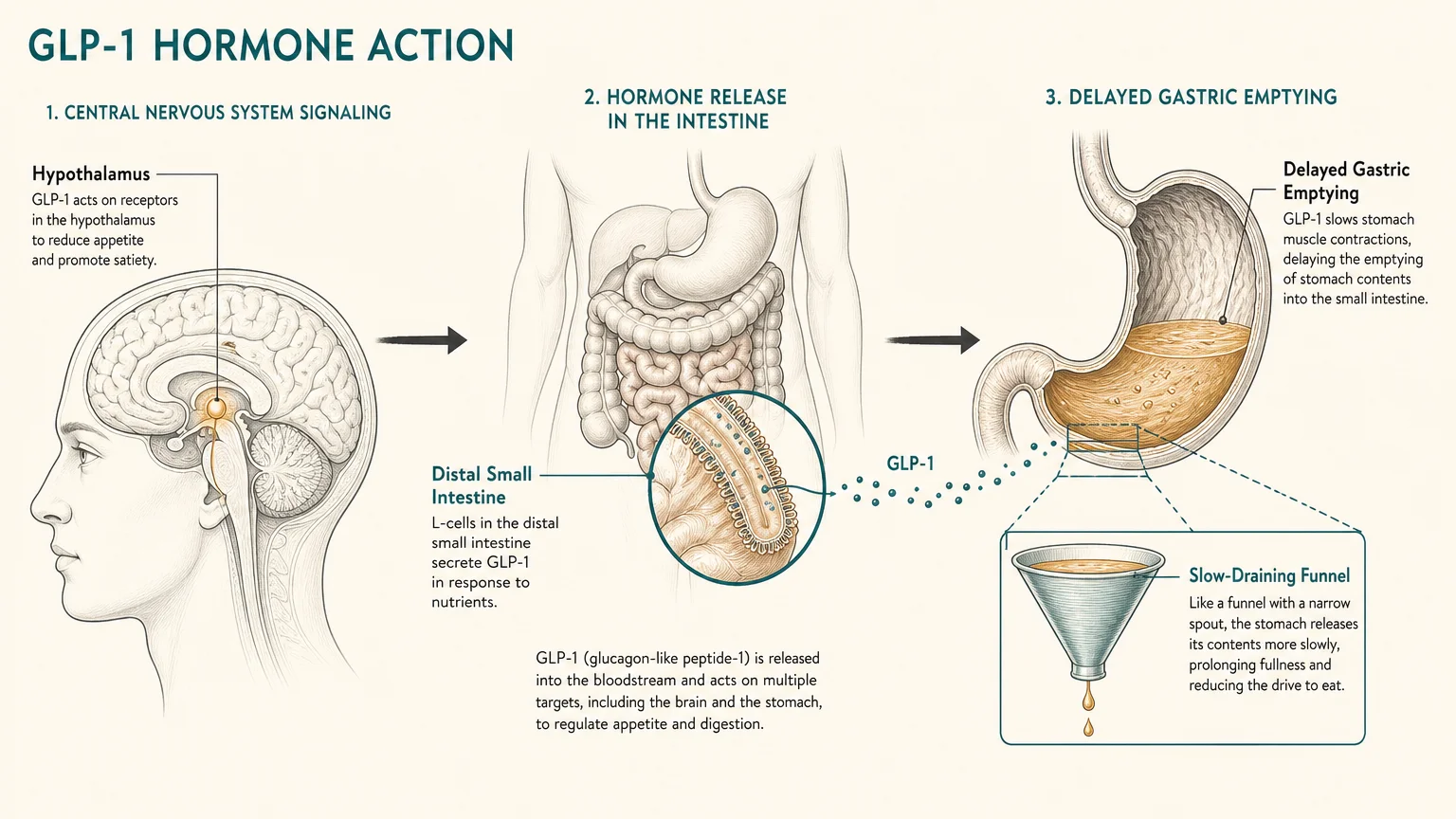 A medical diagram showing the relationship between the brain's hypothalamus and the stomach's delayed emptying process.