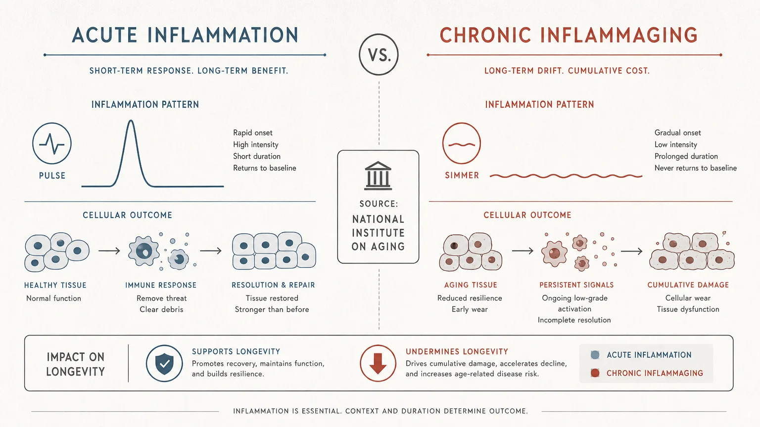 A minimalist diagram comparing the healthy response of acute inflammation vs the damaging effects of chronic inflammaging.